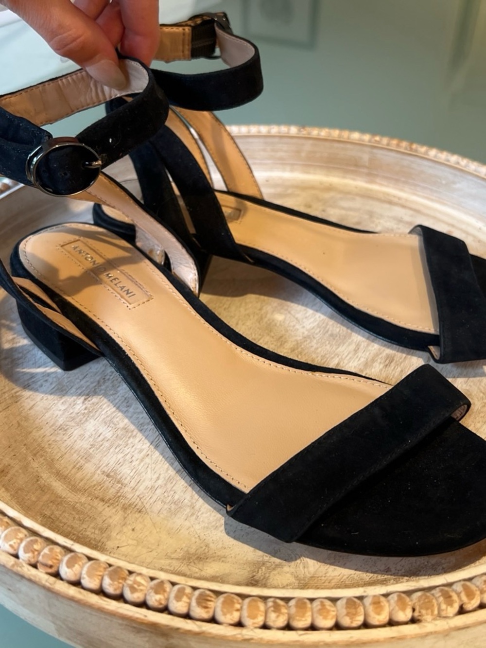 ANTONIO MELANI Black Suede Ankle-Strap Block Heel Sandals